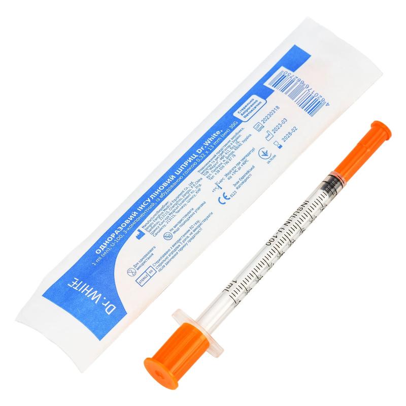 Шприц інсулін однораз Dr.White 1 ml (мл) U-100 з-комп з голк 0,32х13 mm (мм) 30G